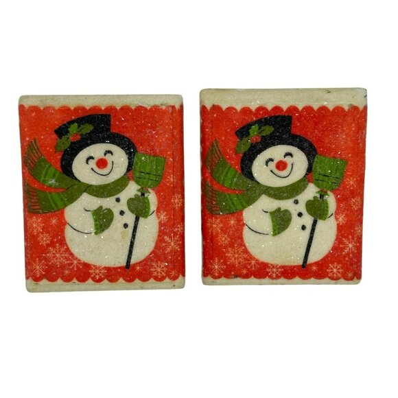 VTG Classic Snowman Coasters Set of 2 | Red & Green Christmas Tile Decor Holiday - Picture 1 of 9